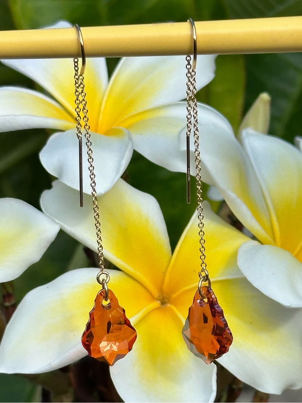 Swarovski Crystal Copper Baroque 14k Gold Filled 2” Chain Threader Earrings